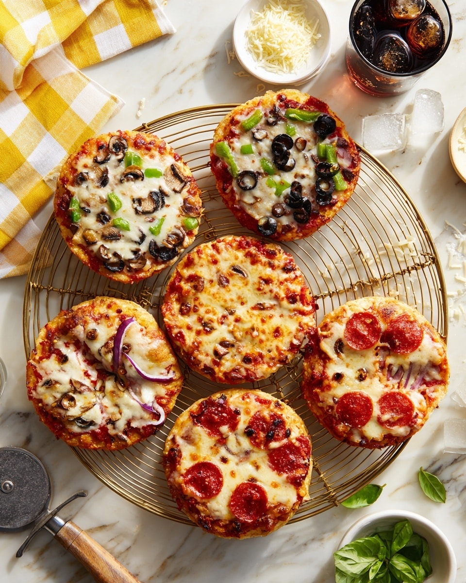 Six small round pizzas sit on a golden wire rack over a white marbled surface, each with a thick golden crust. The toppings vary: one pizza features melted white cheese with slices of dark mushrooms, diced green bell peppers, and small bits of red onion; another is covered in golden melted cheese with tiny red pepperoni circles; a third combines pepperoni and black olive rings scattered evenly over melted cheese. Two pizzas have slices missing, revealing the cheesy inside and tomato sauce beneath. Around the rack, there are white bowls with grated cheese and green basil leaves, a glass with dark soda and ice, and a metal pizza cutter with a wooden handle. The scene is bright and colorful, with a yellow and white checkered cloth partially visible. photo taken with an iphone --ar 4:5 --v 7