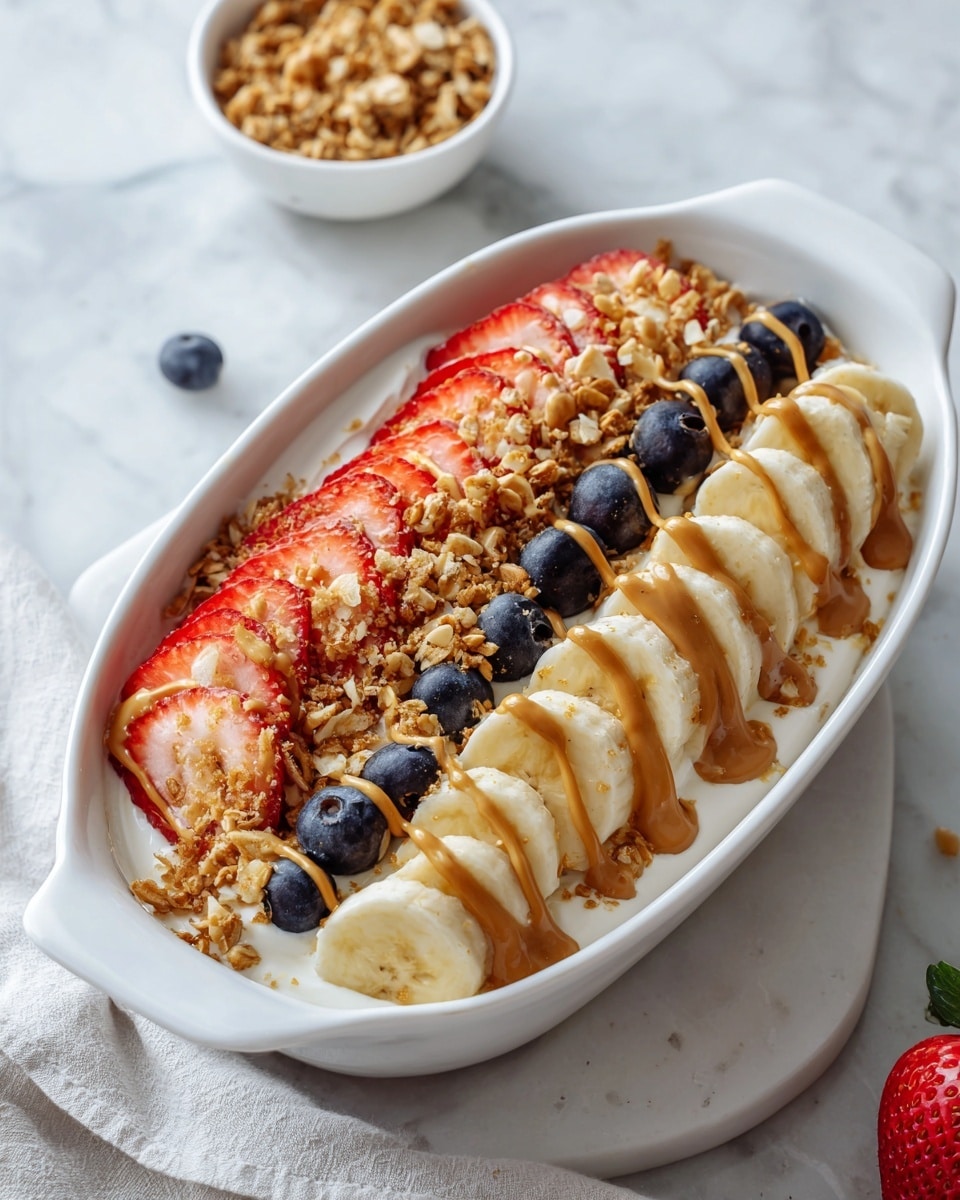 A white oval dish holds a visually rich layered breakfast bowl starting with a creamy yogurt base. On top, there are two whole peeled bananas placed on each long side of the bowl, their pale yellow color contrasting well with the other elements. Between the bananas is a layer of fresh blueberries on one side, and next to them are bright red sliced strawberries neatly lined up. Scattered over and between the fruits are crunchy granola clusters and thin, pale almond slices. The whole bowl is drizzled with a thick, creamy tan peanut butter sauce that flows smoothly over the fruits and granola. The bowl rests on a white marbled surface with a small bowl of granola blurred in the background and a gray-checkered towel nearby. photo taken with an iphone --ar 4:5 --v 7