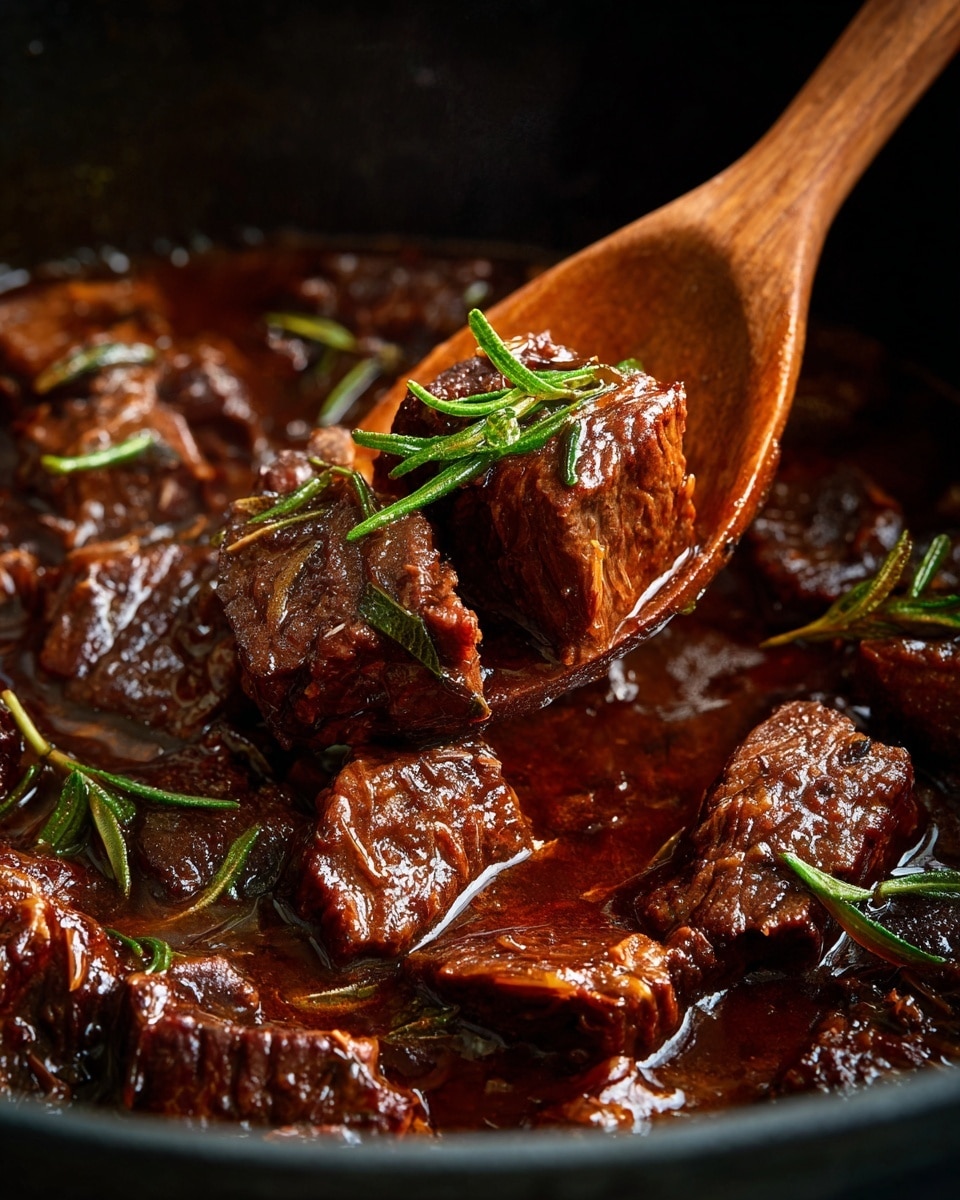 This image shows a close-up of a dark brown stew with thick chunks of tender meat soaked in rich, glossy sauce. The meat pieces have a slightly rough texture and are mixed with small thin strips of ingredients, possibly vegetables or herbs. Tiny green leaves are scattered on top, adding a fresh touch. A wooden spoon is partially dipped into the stew, lifting some of the meat with a few green herb leaves on it. The background and container are dark, making the stew look warm and hearty. Photo taken with an iphone --ar 4:5 --v 7