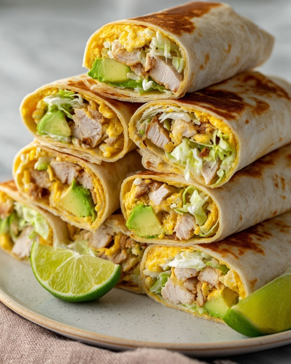 The image shows several halves of a wrap stacked on a plate with a white marbled texture beneath. Each wrap has multiple layers starting with a toasted golden-brown outer tortilla layer, inside is a softer, lighter beige layer of tortilla that wraps around the fillings. The filling layers include pieces of white cooked chicken, chunks of green avocado, small bits of light green shredded lettuce or cabbage, and some yellow grated cheese or scrambled eggs. A bright green lime wedge sits near the wraps on the plate, adding a fresh contrast to the colors. The wrap is cut cleanly to show the texture and colors inside, photo taken with an iphone --ar 4:5 --v 7