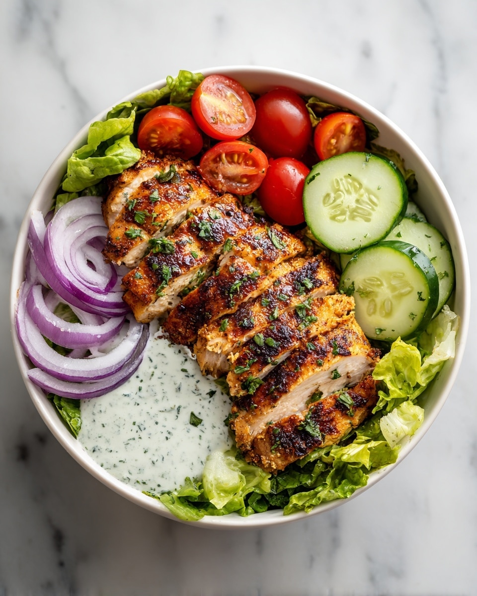 A white bowl filled with fresh green lettuce at the bottom, topped with four grilled chicken slices in the center with a charred golden-brown texture and green herbs sprinkled on top. Around the chicken, there are halved red cherry tomatoes on the right and left sides, round cucumber slices at the bottom left, and thin rings of purple onion in the upper right. On the far right side, a creamy white sauce with green herbs is placed neatly. The bowl sits on a white marbled surface. Photo taken with an iphone --ar 4:5 --v 7