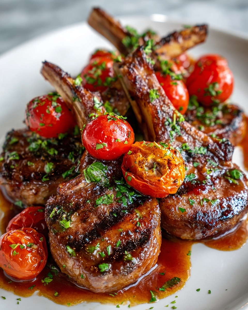 The image shows three grilled lamb chops with char marks arranged closely on a white plate. Each chop is topped with a glossy cooked mushroom slice and several shiny grilled cherry tomatoes, some whole and some halved. Bright green chopped herbs are sprinkled over the meat and vegetables, adding a fresh contrast to the rich brown glaze covering the chops. The sauce pools slightly under the lamb, giving a glossy finish to the dish, all set against a white marbled texture background. photo taken with an iphone --ar 4:5 --v 7