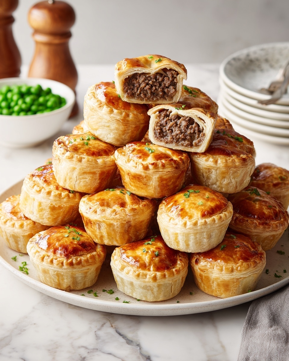 A large white plate is filled with about thirty round golden-brown puff pastry balls, each topped with small bits of green herbs. Two of the pastry balls are cut in half and placed on top, showing soft, finely ground brown meat filling inside multiple flaky layers of light puff pastry. The pastries have a shiny, textured surface with small cracks. The plate sits on a white marbled surface, with a small white bowl filled with green peas in the background and a stack of white plates nearby. Some chopped herbs are sprinkled around the edge of the plate. photo taken with an iphone --ar 4:5 --v 7