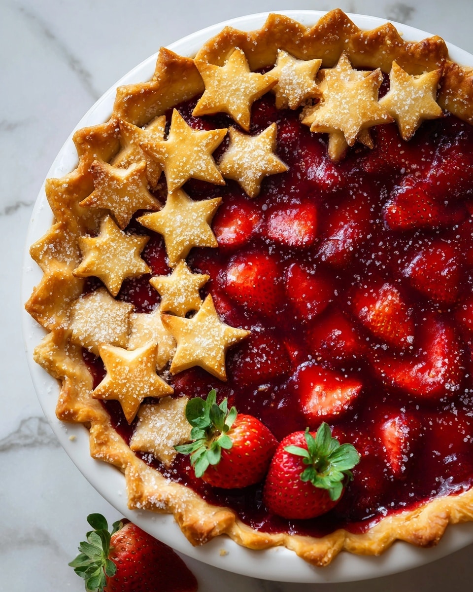 The image shows a close-up of a red fruit pie in a white round dish, with a top layer made from small star-shaped and rectangular golden crust pieces, some sprinkled with coarse sugar. The filling beneath is a glossy, deep red color with visible chunks of cooked strawberries, and three fresh halves of bright red strawberries with green leaves sit on one side as garnish. The edges of the crust are slightly browned, and the pie is set on a white marbled surface. Photo taken with an iphone --ar 4:5 --v 7