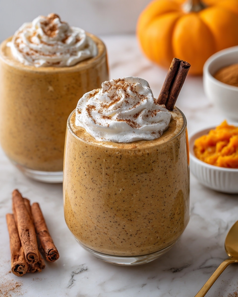 A clear glass cup holds a thick, creamy light brown pumpkin spice smoothie with a slightly speckled texture. On top, a large swirl of white whipped cream dusted with brown cinnamon powder adds a soft, fluffy layer. A dark brown cinnamon stick sticks out from the whipped cream at an angle. In the background, there is another glass with a similar smoothie and whipped cream, a small white bowl with bright orange pumpkin puree, and two cinnamon sticks placed on a white marbled surface, along with a small white dish of cinnamon powder and a gold spoon. A blurred orange pumpkin is visible in the back. Photo taken with an iphone --ar 4:5 --v 7