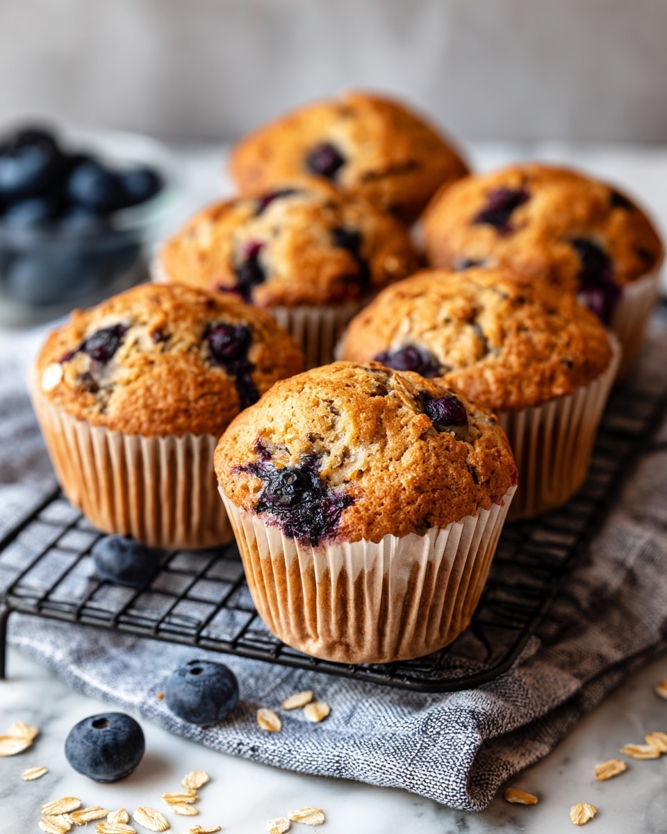 A close-up of six blueberry muffins arranged on a black metal cooling rack over a white marbled surface with a gray and white checkered cloth underneath. The muffins have a golden brown top with bursts of dark purple blueberries visible throughout the textured and slightly cracked surface. The muffin liners are light brown with a slightly wrinkled texture. In the background, out of focus blueberries add a pop of blue color. photo taken with an iphone --ar 4:5 --v 7