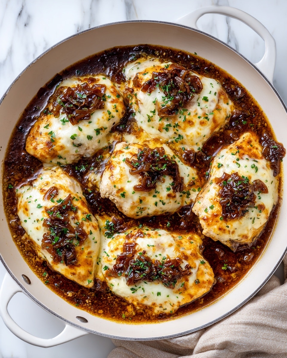 The image shows a white pan filled with six pieces of cooked chicken breasts covered with melted golden brown cheese, topped with dark brown caramelized onions. The chicken pieces are immersed in a glossy, dark brown sauce that pools at the bottom of the pan, with small bits of herbs sprinkled over the dish, giving it a fresh green contrast. The pan handles are visible on the sides, and the pan rests on a white marbled surface with a beige cloth partially visible on the right side. photo taken with an iphone --ar 4:5 --v 7