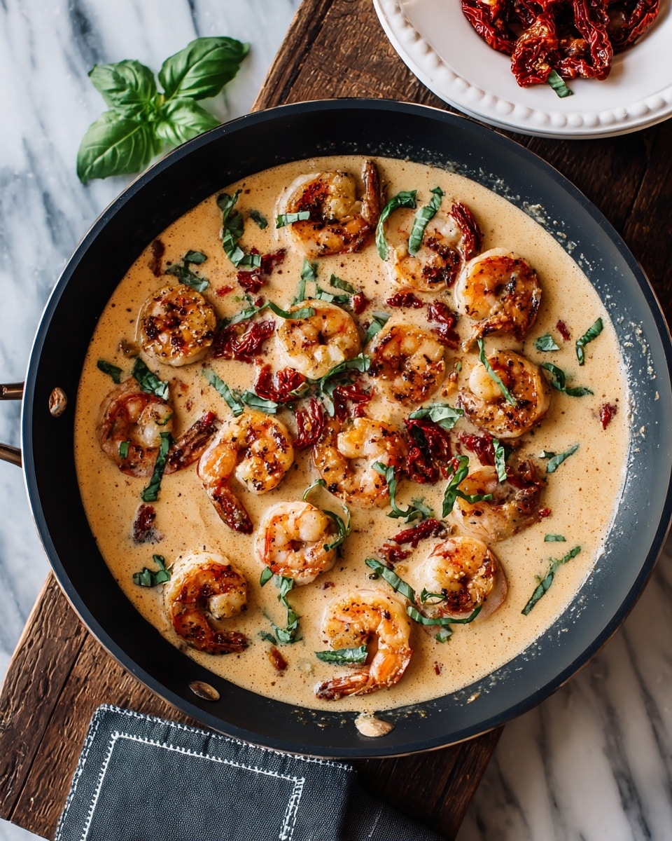 A black pan holds a creamy light beige sauce with about 18 browned shrimp scattered on top and mixed in, each shrimp showing a pink and orange color with a slight char. Small bright red diced sun-dried tomatoes are spread throughout the sauce, adding pops of color, while tiny fresh green basil leaves are sprinkled on top for contrast. The pan sits on a rustic dark wooden surface next to a white plate with extra sun-dried tomatoes and a dark gray cloth with white stitching. The entire scene is set on a white marbled surface. photo taken with an iphone --ar 4:5 --v 7