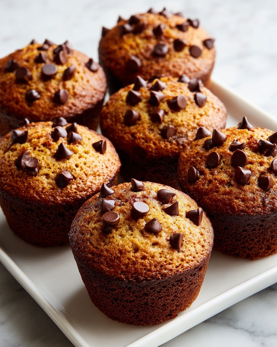 A close-up view of five golden brown muffins each topped with several glossy dark chocolate chips. The muffins show a soft, slightly crumbly texture with small air pockets visible on the surface. They are arranged closely together on a white rectangular plate, placed on a white marbled surface. The muffins have a warm, homemade appearance with some chocolate chips slightly melted into the tops while others retain their shape clearly. photo taken with an iphone --ar 4:5 --v 7