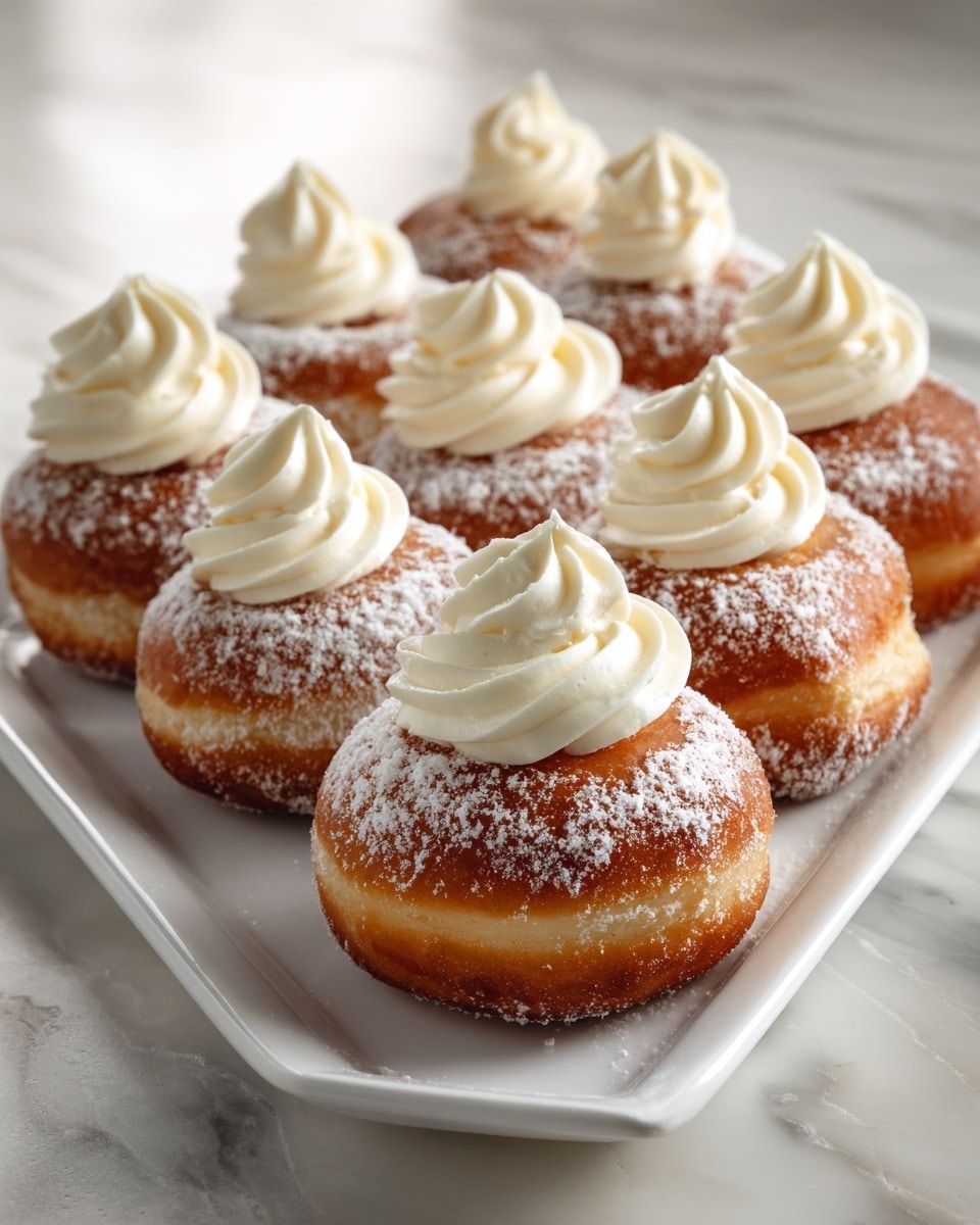 The image shows a white rectangular plate holding nine round, golden-brown doughnuts. Each doughnut has a thick layer of white powdered sugar dusted on top and is topped with a swirl of creamy white frosting. The doughnuts are placed close together in a neat arrangement on a white marbled surface, with soft natural light coming from the background. photo taken with an iphone --ar 4:5 --v 7