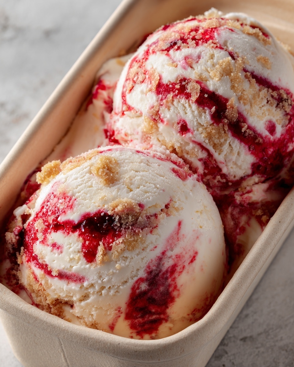 The image shows a close-up of two scoops of ice cream in a beige container with a white marbled texture underneath. The ice cream has two visible layers: a creamy off-white base and beautiful swirls of bright red strawberry sauce mixed throughout, creating a textured look with flecks of what seems like cookie or cake crumbs, adding a crumbly texture on top. The scoops sit snugly inside the container, and the surface of the ice cream is creamy with some rough swirls of red sauce and crumbs, capturing a rich and delicious feel. Photo taken with an iphone --ar 4:5 --v 7