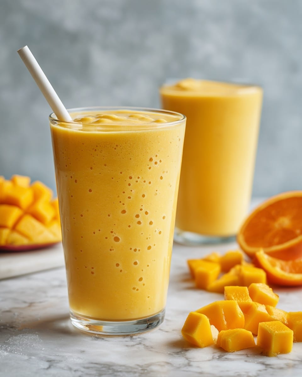 A tall, clear glass filled with a creamy yellow smoothie that has a smooth, slightly frothy texture on top. A white spoon is gently dipped into the smoothie, resting near the edge of the glass. In the blurred background, another glass with the same smoothie is visible, along with some yellow fruit pieces and orange segments placed on a white marbled surface. The scene is bright and fresh, highlighting the thick and rich consistency of the smoothie. photo taken with an iphone --ar 4:5 --v 7