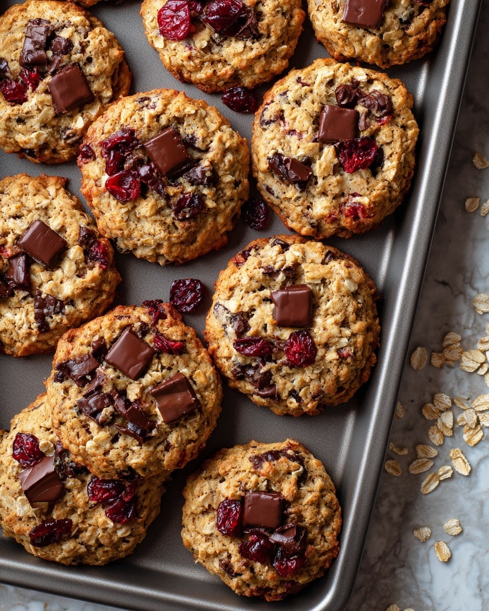 A close-up top view of a grey baking tray filled with nine oatmeal cookies that have a rough texture with visible oats, dark brown chocolate chunks, and red dried cranberries, some cookies showing slightly melted chocolate on the surface, the tray placed on a white marbled background with scattered oats visible near the top right corner photo taken with an iphone --ar 4:5 --v 7