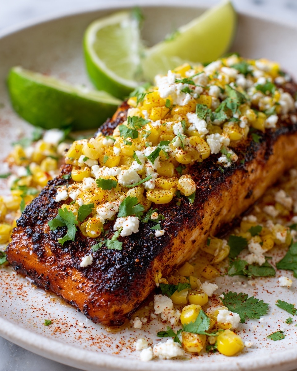 The image shows a fillet of grilled fish with a golden brown crispy outer layer sitting on a white plate with a white marbled texture surface. On top of the fish, there is a layer of yellow corn kernels mixed with white crumbled cheese and green chopped herbs, sprinkled evenly with a reddish spice powder. Around the fish on the plate are scattered pieces of white cheese, bright green cilantro leaves, and three lime wedges placed behind the fish. The overall look is fresh and colorful, with the fish fillet taking up most of the plate. photo taken with an iphone --ar 4:5 --v 7