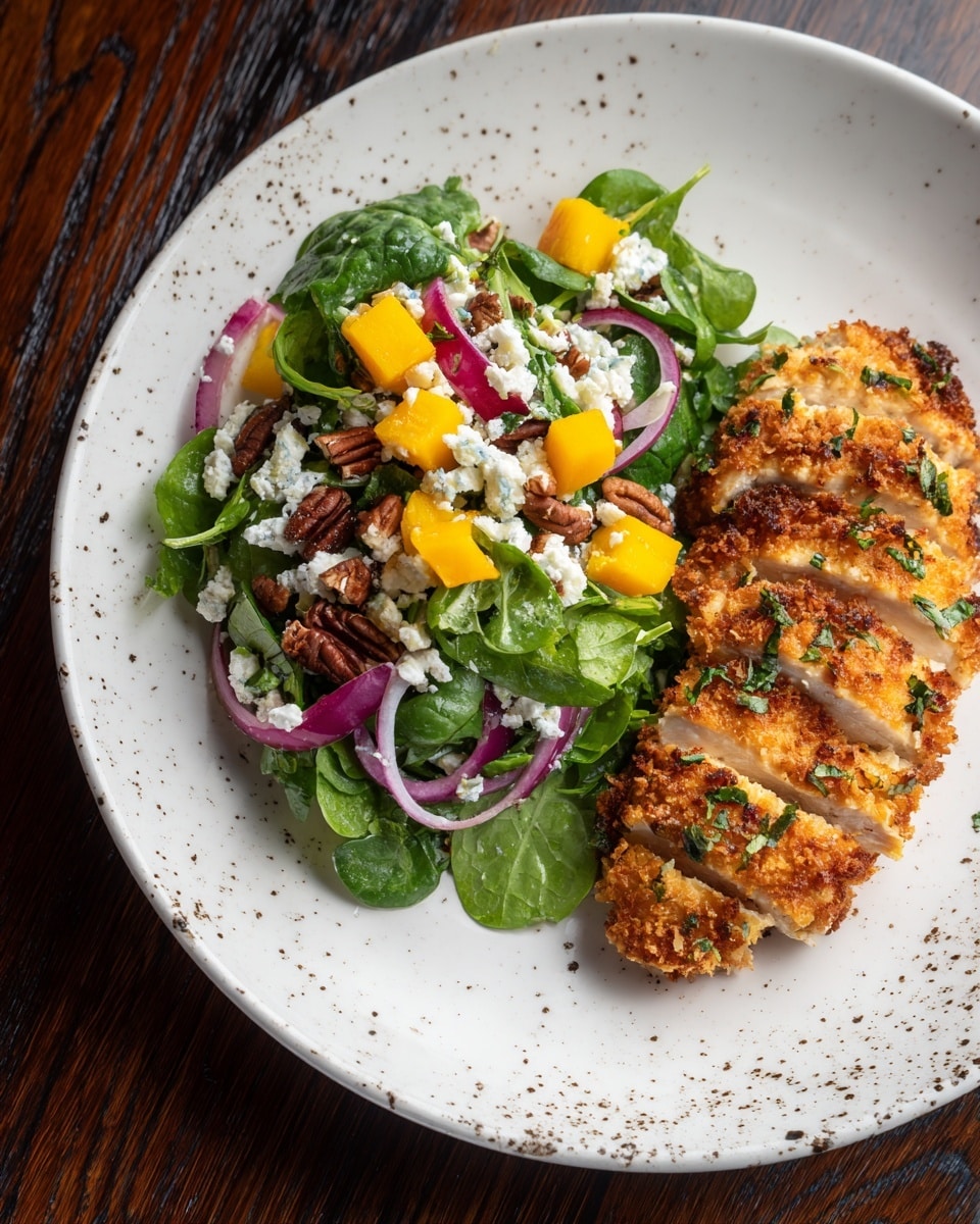 A white round plate with two main parts: on the left, a fresh salad made of dark green spinach and arugula leaves, bright orange mango cubes, scattered white cheese crumbles, pecan nuts, and thin slices of purple onion; on the right, a golden-brown crusted chicken breast sliced into six pieces, garnished with small green herb leaves. The plate sits on a white marbled surface with a knife with a wooden handle below it and parts of drinking glasses visible near the top edge. photo taken with an iphone --ar 4:5 --v 7