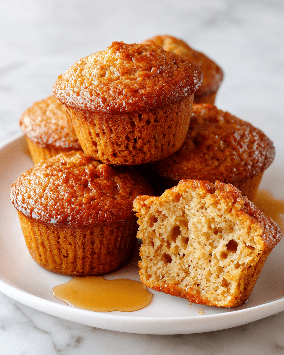 A white plate holds five golden brown muffins with a textured, slightly crispy top layer. One muffin is broken in half at the front, showing a soft, airy, and moist inside with small holes and crumbly texture. The muffins have a warm, rich color with darker spots on top from baking. There is shiny syrup drizzled around them on the plate. The background is a white marbled texture and the lighting makes the muffins look fresh and inviting. photo taken with an iphone --ar 4:5 --v 7