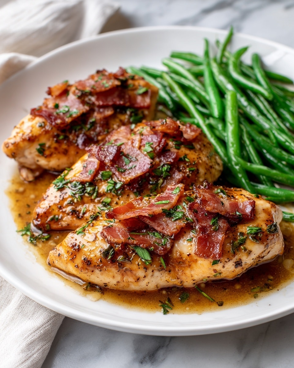 The image shows a white plate with three golden-brown grilled chicken breasts as the main layer, each topped with glossy, dark brown caramelized bacon strips and small green herb pieces, scattered lightly on top. On the top side of the plate, there is a neat pile of shiny, cooked green beans with a slightly oily texture. The plate sits on a wooden table, but the visible surface has been changed to a white marbled texture. The dish looks warm and freshly cooked, with some juices pooling slightly around the chicken. Photo taken with an iphone --ar 4:5 --v 7