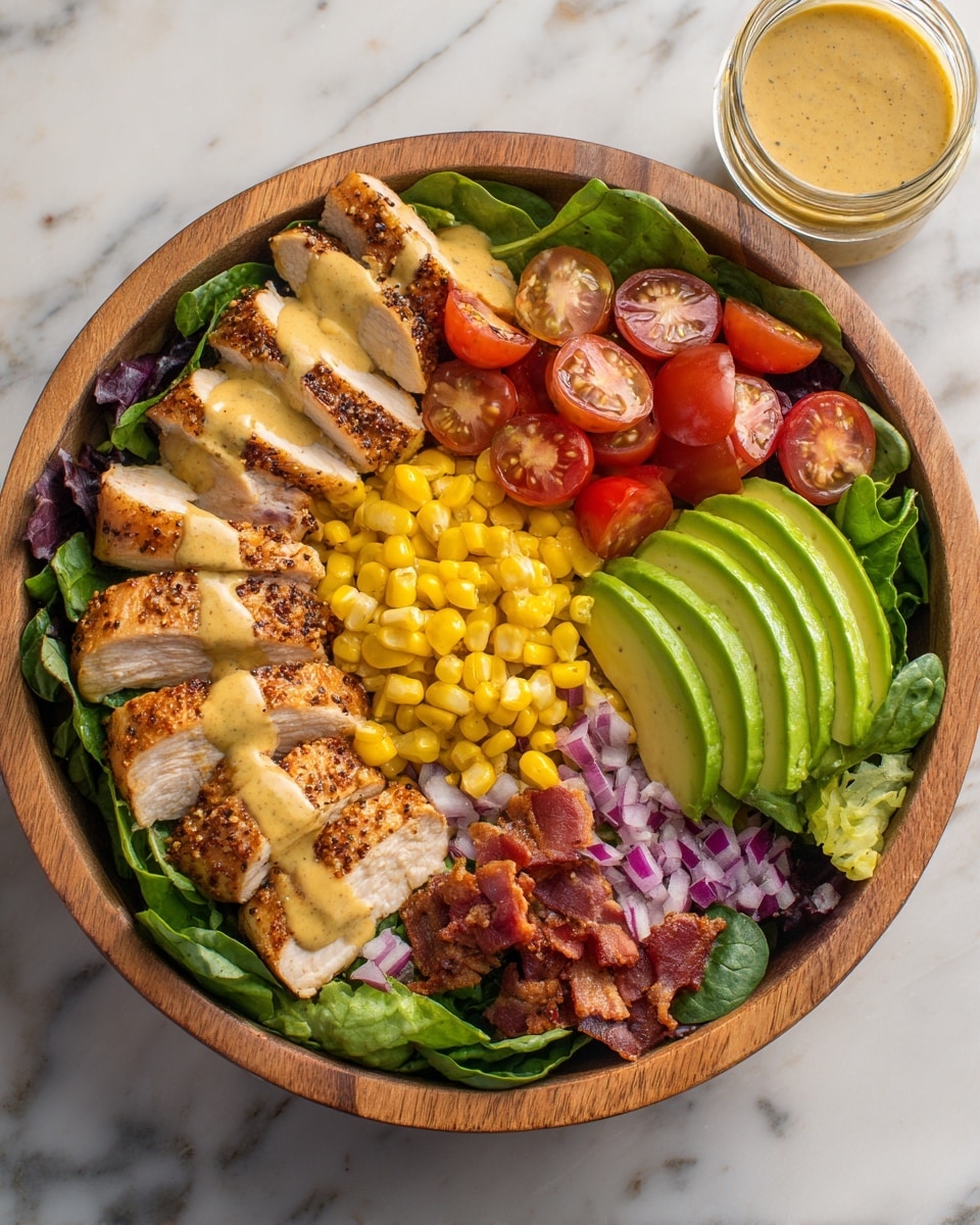 A wooden bowl filled with a colorful salad sits on a white marbled surface. The first layer is a bed of mixed green leaves including spinach and lettuce. On one side, there are several thick slices of grilled chicken breast with a golden-brown grilled texture, drizzled with a grainy mustard dressing. Next to the chicken is a cluster of bright yellow corn kernels. Cherry tomatoes, some whole and some sliced in half showing their red juicy inside, cover part of the salad. On the opposite side, slices of fresh green avocado fan out, also topped with mustard dressing. Small chopped pieces of red onion and bits of crispy bacon are scattered over the greens. A small transparent jar of dressing accompanies the bowl on the right side. Photo taken with an iphone --ar 4:5 --v 7