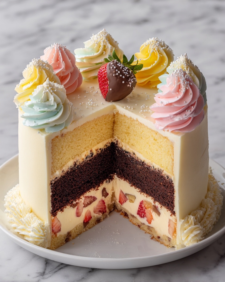 The image shows a round cake slice with three visible layers on a white plate placed on a white marbled surface. The bottom layer is light yellow sponge with small pieces of red fruit inside, the middle layer is thick and creamy white with more pieces of red fruit mixed in, and the top layer is a dark chocolate sponge. The whole cake is covered with smooth white frosting, and the top edge is decorated with swirls of pastel pink, blue, and yellow cream, along with small white sprinkles. In the center, there is a small chocolate heart with a few green leaves on top for decoration. Photo taken with an iphone --ar 4:5 --v 7