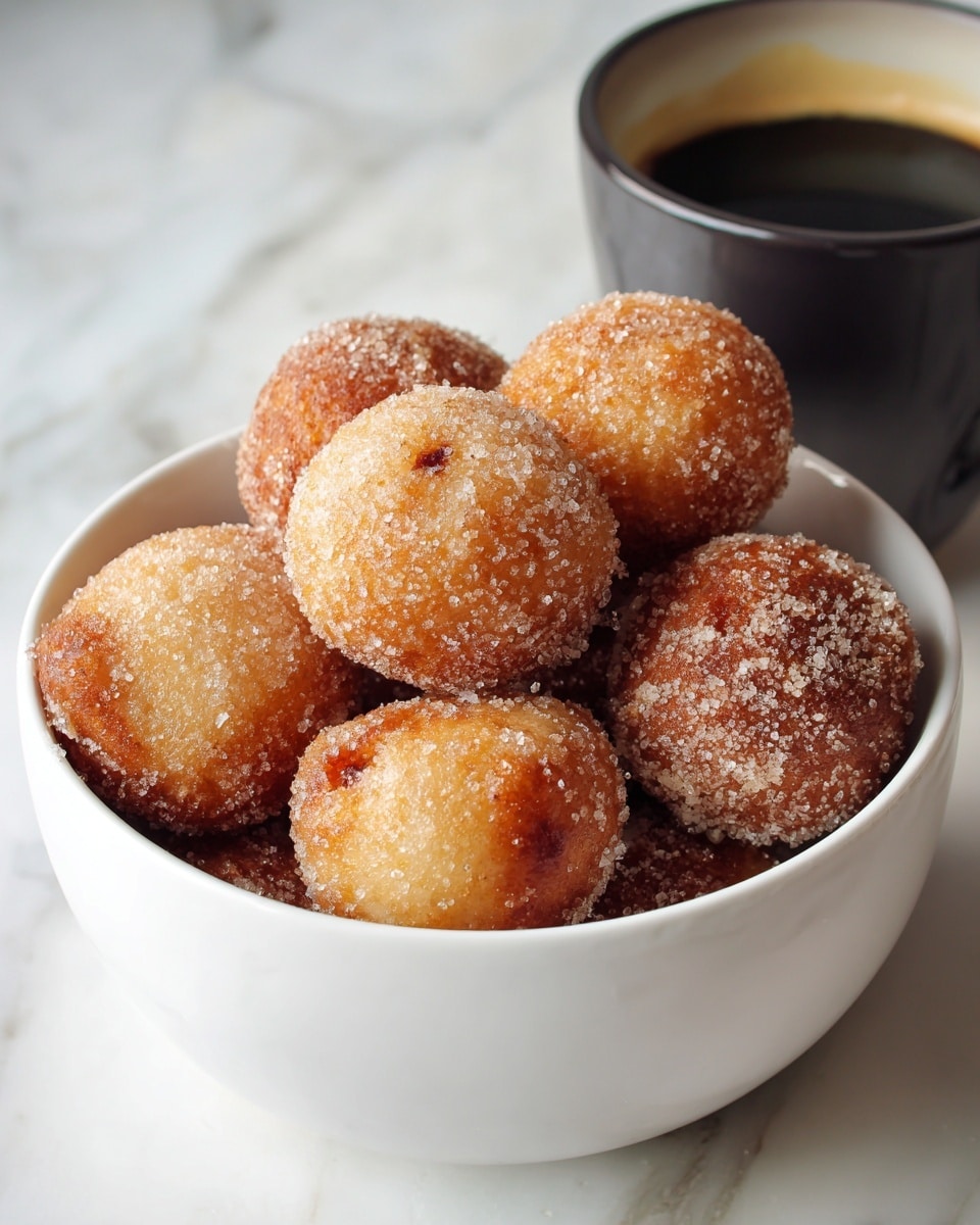 A white bowl filled with round, golden-brown doughnut holes coated evenly in granulated sugar. The doughnuts have a slightly crispy texture with some showing a darker, caramelized spot. The bowl is set on a white marbled surface, and in the background, there is a blurred dark cup. Photo taken with an iphone --ar 4:5 --v 7