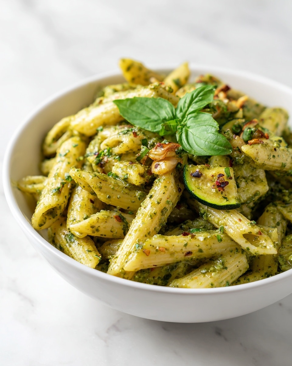 A white bowl filled with penne pasta covered in a light green pesto sauce. On top of the pasta, there are small pieces of cooked zucchini that are golden brown on the edges, mixed with some cooked garlic cloves. Fresh green basil leaves are sprinkled over the dish with one larger basil leaf sitting in the center for garnish. A few thin shavings of white cheese are scattered gently over the top. The bowl is placed on a white marbled surface. Photo taken with an iphone --ar 4:5 --v 7