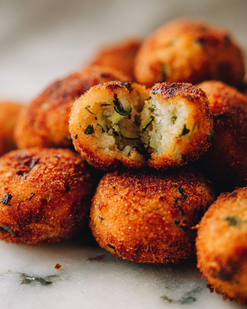 The image shows a close-up of several small, bite-sized fritters placed randomly on a white marbled surface. The fritters have a golden-brown crispy outer layer with visible green bits of herbs or vegetables mixed inside. One fritter is broken open and placed on top of another to show the inside, which is light yellowish-green and soft, contrasting with the crunchy outside. The texture of the fritters looks rough and crunchy on the outside while the inside appears moist and tender. photo taken with an iphone --ar 4:5 --v 7