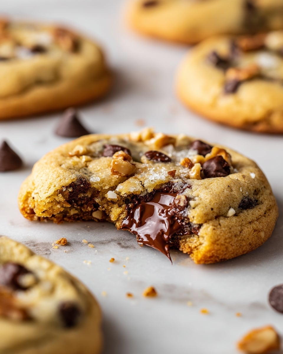 The image shows a close-up of a soft, golden-brown chocolate chip cookie with a bite taken out of it, revealing a gooey, melted dark chocolate center that is slowly oozing onto the white marbled surface below. The cookie is studded with glossy dark chocolate chips and pieces of light brown chopped nuts on top, giving a textured look. Other cookies with similar chocolate chips and nuts are slightly blurred in the background, one resting on a cooling rack. Small crumbs and nut pieces are scattered around, adding detail to the scene. photo taken with an iphone --ar 4:5 --v 7