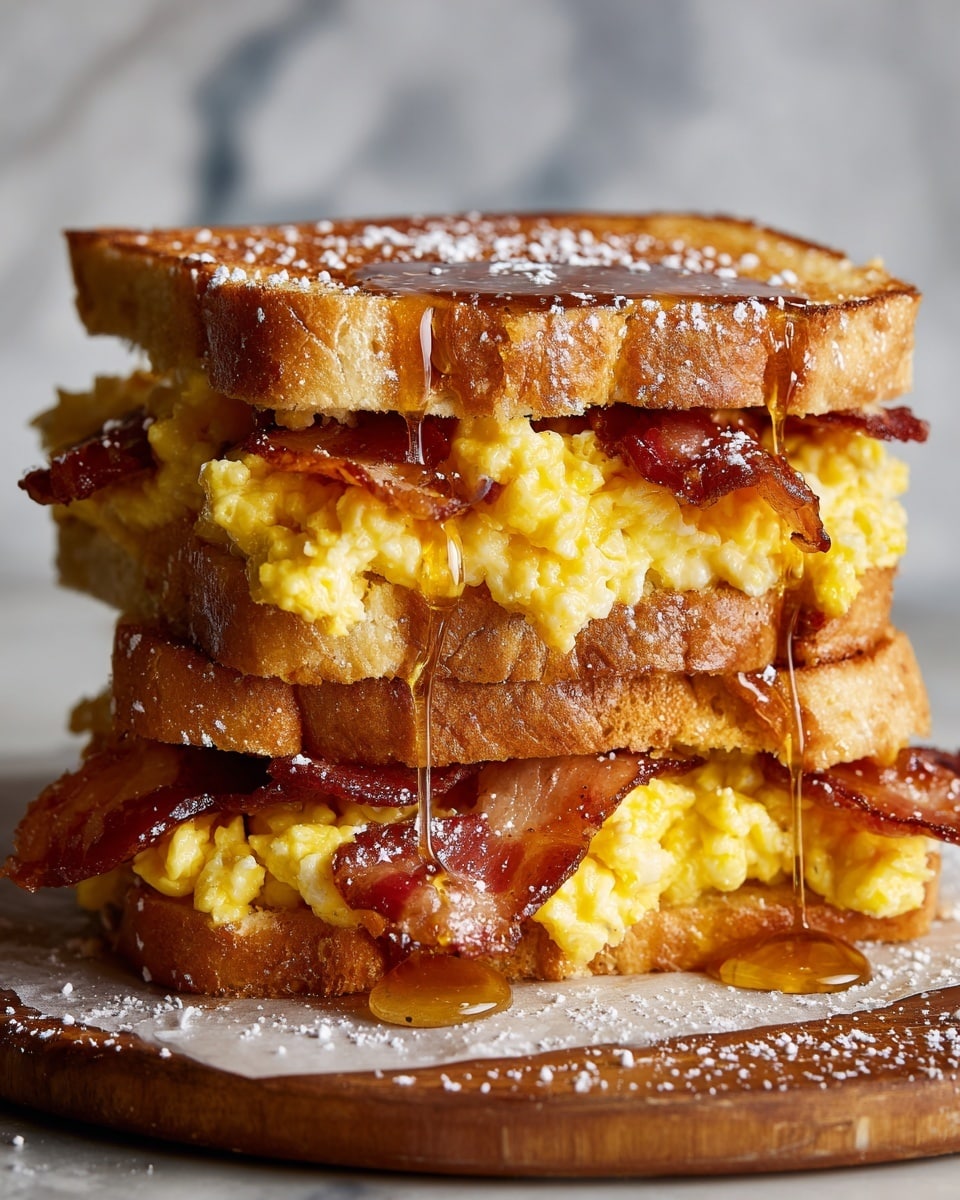 A tall breakfast sandwich with three thick layers of golden-brown toasted bread, showing a crisp texture on the outside. Between each bread layer, there are two layers of scrambled eggs with a soft, fluffy texture and bright yellow color, glistening slightly. On top of each egg layer, there are slices of cooked bacon with a deep reddish-brown color and a crispy texture. The sandwich is drizzled with honey or syrup that shines with a golden tint, adding a glossy finish across the layers. The sandwich sits on a piece of parchment paper atop a wooden surface, with some powdered sugar dusted lightly on and around the sandwich, against a white marbled texture background. photo taken with an iphone --ar 4:5 --v 7