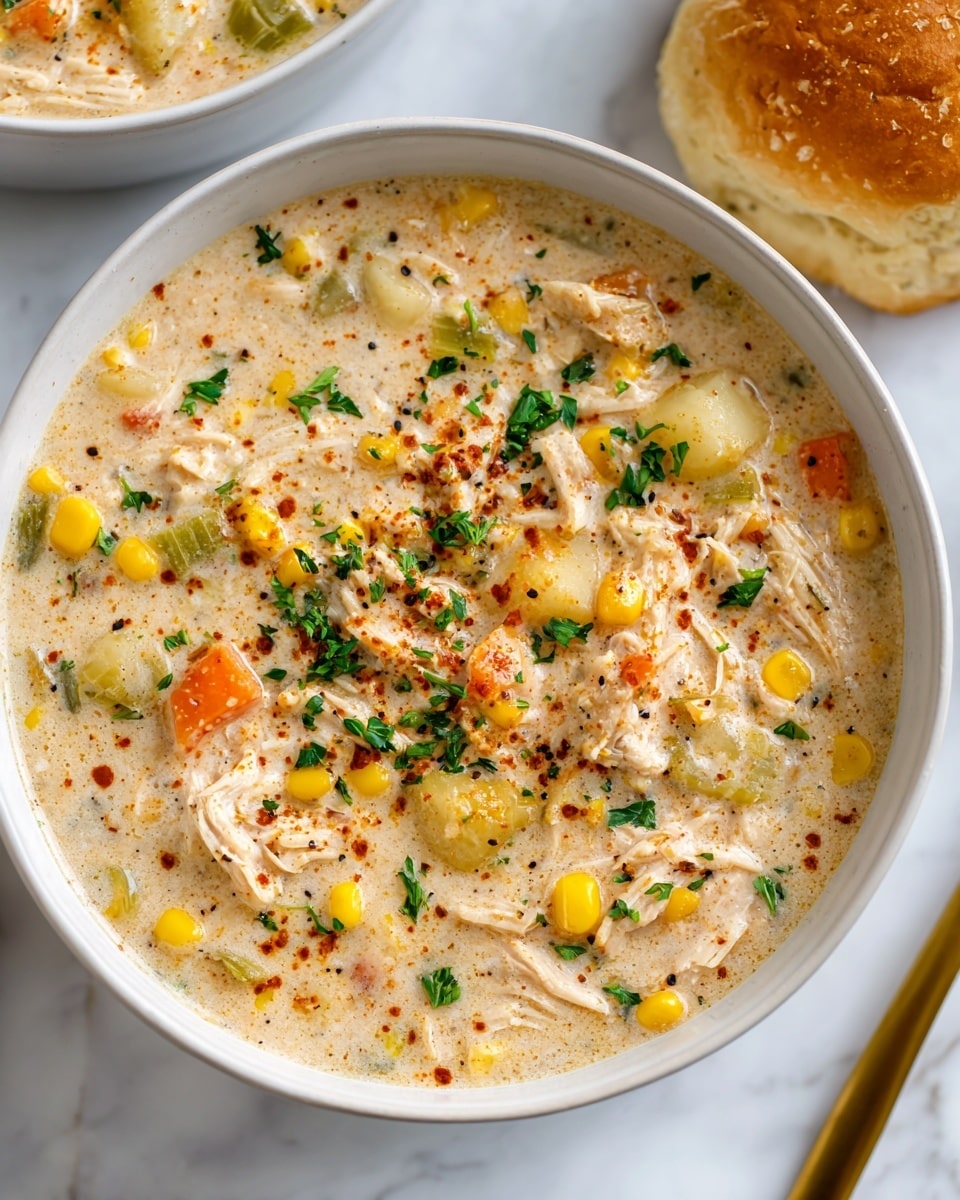 A white bowl filled with creamy chicken corn chowder sits on a white marbled surface. The chowder has a thick, light beige broth with visible chunks of yellow corn, orange carrots, green celery, and pale potato pieces. Shredded white chicken pieces are spread throughout, giving texture to the dish. The top is lightly sprinkled with green parsley and a dash of reddish spice, adding color contrast to the creamy soup. Part of a golden bread roll and a golden spoon peek in from the top right corner, enhancing the cozy feeling of the meal. Photo taken with an iphone --ar 4:5 --v 7