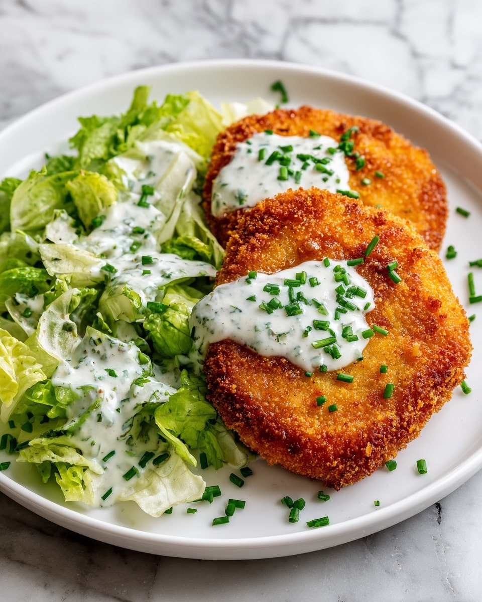 A white plate with two pieces of golden brown, crispy breaded cutlets placed overlapping slightly on the left side. To the right, there is a fresh green lettuce salad mixed with a creamy white dressing and sprinkled with chopped chives. The creamy dressing also covers part of the cutlets, topped with more finely chopped chives. The plate is set on a white marbled textured surface. photo taken with an iphone --ar 4:5 --v 7
