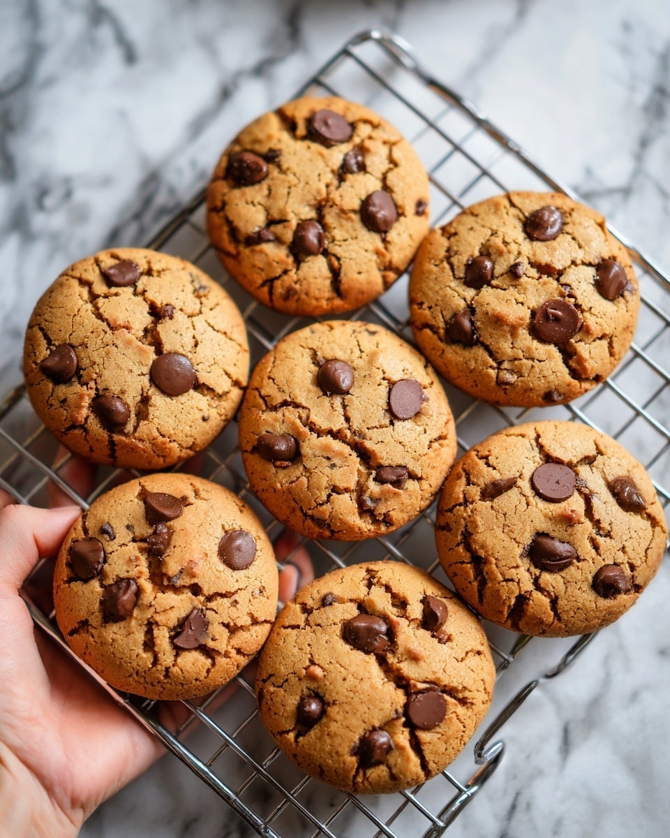The image shows six golden brown cookies with a cracked surface, each containing a few melted chocolate chips visible on top, placed on a silver cooling rack. The cookies have a soft, slightly rough texture, evenly spaced across the rack, and the background is a white marbled texture. Photo taken with an iphone --ar 4:5 --v 7