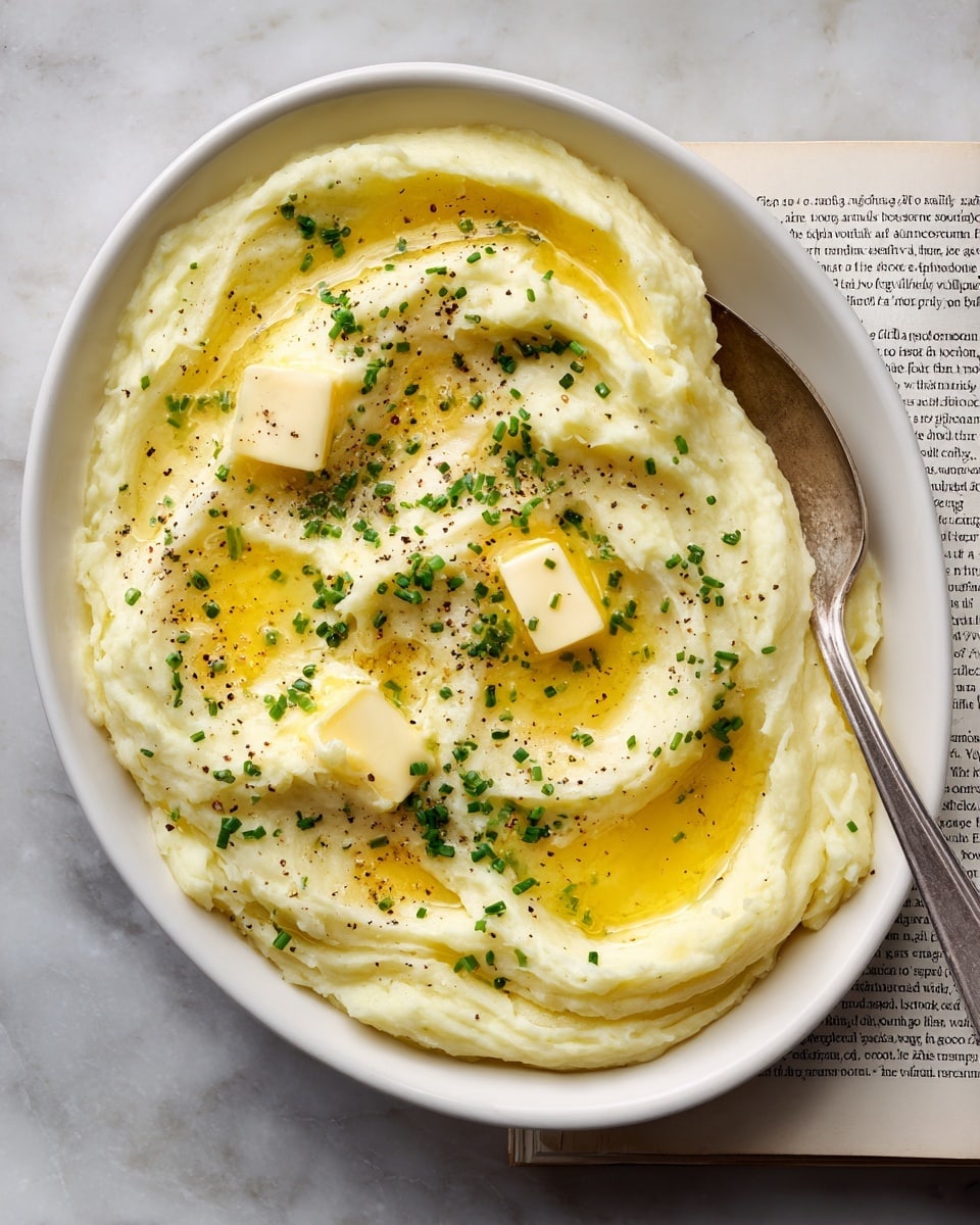 A white serving dish holds a thick layer of creamy mashed potatoes with a smooth, swirled texture. On top, three small squares of butter slowly melt, creating a glossy, golden pool of melted butter that seeps into the mashed potatoes. The dish is sprinkled with small, green chopped chives and coarse black pepper, adding pops of color and texture over the pale yellow potatoes. A silver spoon rests partially in the dish on the right side. The dish sits on an open book and a white marbled surface. photo taken with an iphone --ar 4:5 --v 7