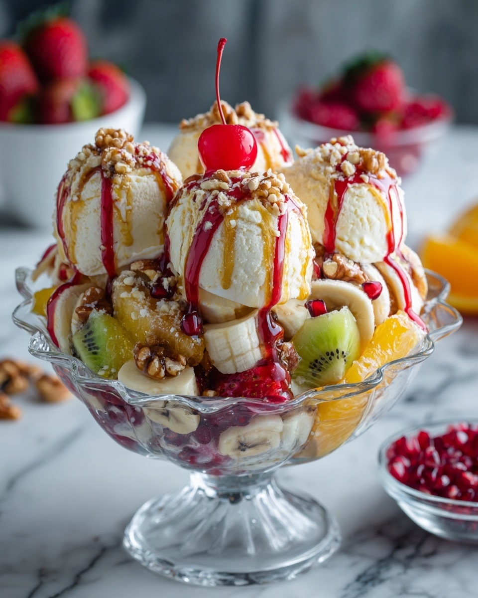 A large clear glass bowl filled with a colorful fruit salad base that includes layers of sliced bananas, strawberries, kiwi, orange pieces, grapes, pineapple chunks, and pomegranate seeds. On top, there are five scoops of vanilla ice cream, each drizzled with red and golden syrup and sprinkled with chopped nuts. A bright red cherry sits on the central ice cream scoop. The bowl sits on a white marbled texture surface with blurred bowls of strawberries and pomegranate seeds in the background. photo taken with an iphone --ar 4:5 --v 7