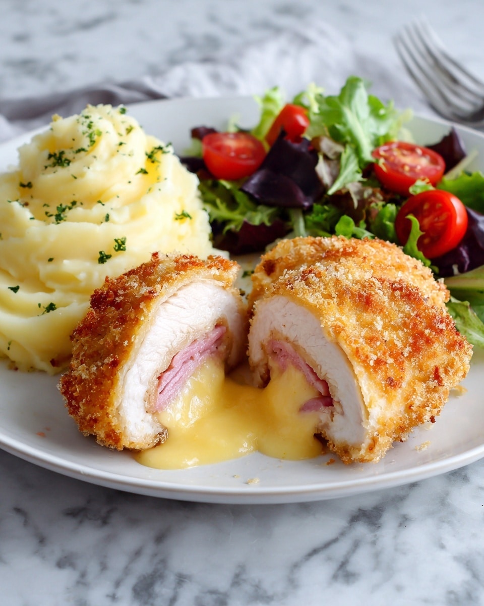 The dish shows a white plate with two large pieces of golden brown breaded chicken cut in half, revealing three layers inside: a thick outer layer of crispy breaded chicken, a middle layer of thin pink ham, and a center layer of melted yellow cheese oozing out slightly. The chicken pieces are sprinkled with small chopped green herbs. Behind the chicken on the plate, there is a large portion of creamy white mashed potatoes topped with small green herb bits, and next to it, a fresh salad made of bright green leafy lettuce and halved red cherry tomatoes. The plate sits on a white marbled surface. photo taken with an iphone --ar 4:5 --v 7