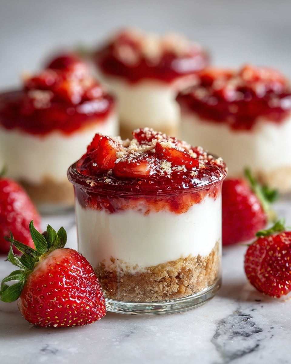 The image shows small clear glass cups with a dessert made of three visible layers: a bottom layer of light brown crumbly crust, a middle layer of smooth white creamy filling, and a top layer of bright red strawberry pieces mixed with strawberry sauce, sprinkled with a few crumbs on top. The cups are placed on a white marbled surface, surrounded by fresh whole strawberries with green leaves. The texture of the crust looks crunchy, the creamy layer smooth, and the strawberry topping glossy and juicy. photo taken with an iphone --ar 4:5 --v 7