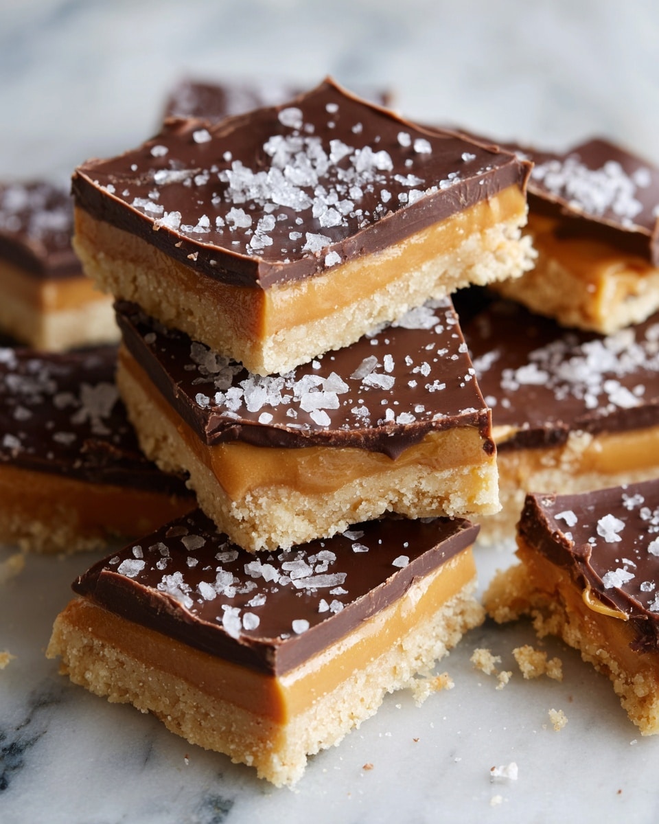 The image shows broken pieces of a layered treat with three distinct layers. The bottom layer is crumbly and light beige, resembling a cookie or shortbread base. The middle layer is smooth and light orange, similar to a peanut butter filling. The top layer is a glossy dark brown chocolate sheet sprinkled with coarse white sea salt flakes. The pieces are irregularly broken and stacked on a white marbled surface. Photo taken with an iphone --ar 4:5 --v 7