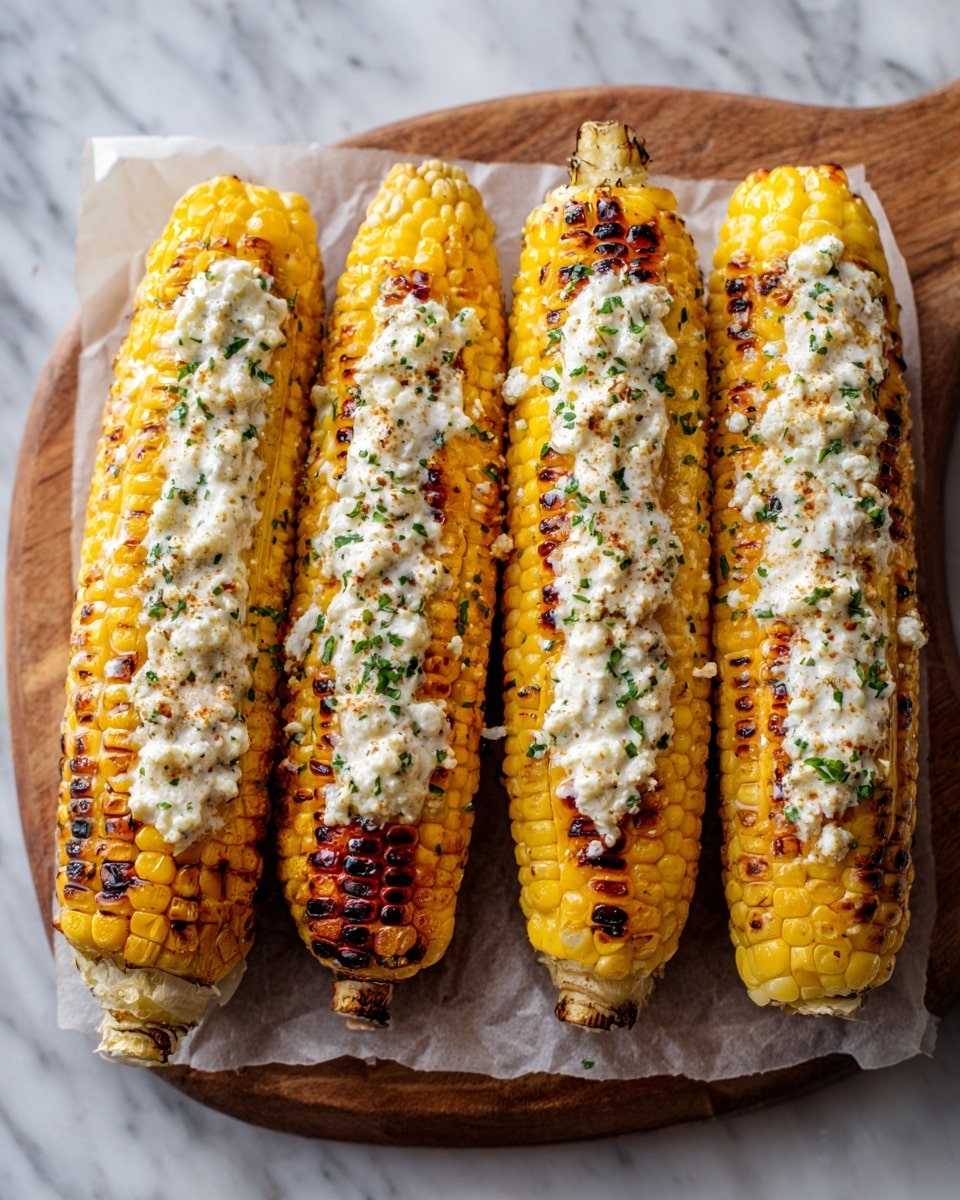 Four grilled corn cobs are lined up on a wooden board covered with semi-transparent wax paper, each showing slightly charred yellow kernels. The corn is topped with a creamy white sauce with a crumbly texture that looks like cheese, sprinkled with small bits of green herbs. The close-up shows the soft texture of the sauce melted over the bright, juicy corn. The background is a white marbled texture. Photo taken with an iphone --ar 4:5 --v 7