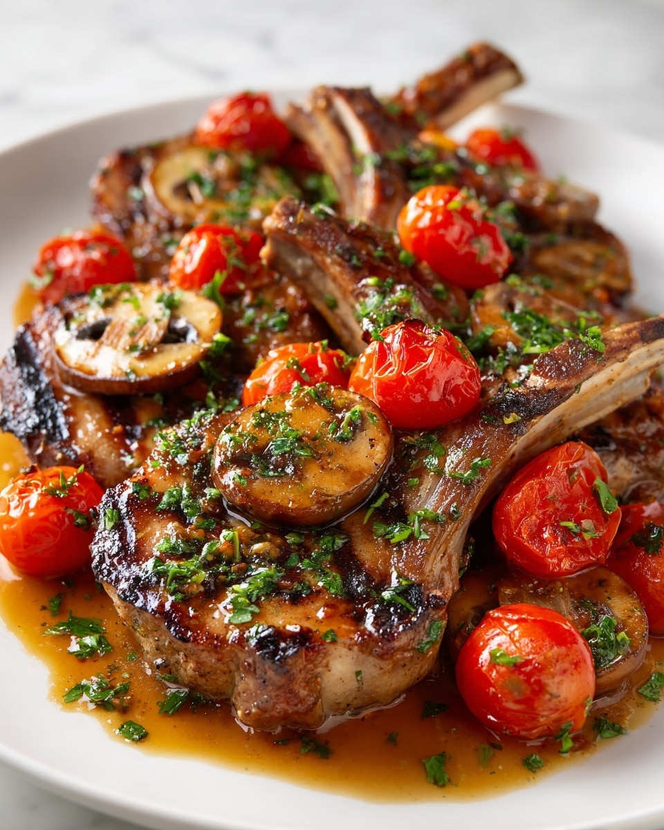 A close-up of three grilled lamb chops arranged on a white plate, each chop showing a thick, juicy, brown seared meat layer with visible grill marks; on top of each chop sits a glossy, sautéed mushroom slice with a golden-brown texture, and around them are small, bright red roasted cherry tomatoes with shiny skins, all sprinkled with finely chopped green herbs; a rich, dark brown sauce pools partially around the meat, adding a glossy finish. photo taken with an iphone --ar 4:5 --v 7