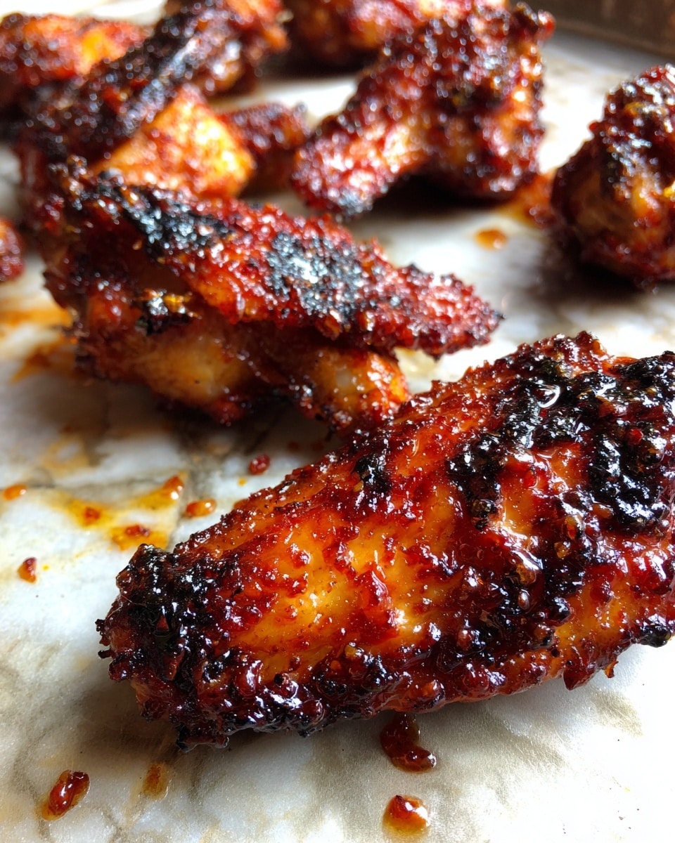 A close-up view of several chicken wings coated in a shiny, sticky orange-brown sauce with charred and crispy edges, lying directly on a white marbled surface. The texture shows a mix of smooth and rough areas where the sauce has caramelized, with some glossy highlights reflecting light, giving the wings a juicy and freshly cooked appearance. photo taken with an iphone --ar 4:5 --v 7