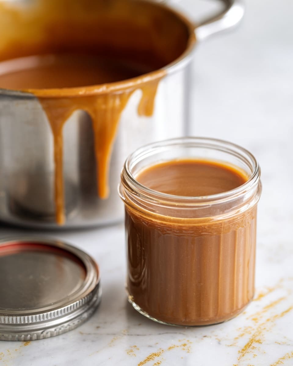 A clear glass jar filled to the top with smooth, creamy light brown peanut butter sits on a white marbled surface with gold details. Next to the jar is its metal lid placed upside down, showing a soft shine. Behind the jar, there is a stainless steel pot with some leftover peanut butter inside, creating soft swirls and streaks. The scene is bright and clean, focusing on the rich texture and shiny finish of the peanut butter. Photo taken with an iphone --ar 4:5 --v 7