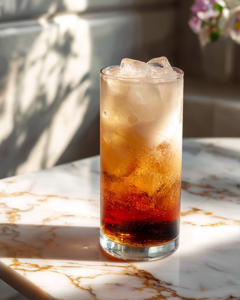A tall clear glass filled with a dark amber sparkling drink with many small bubbles and ice cubes inside, topped with a creamy thick foam layer that is light beige in color and resting smoothly on top of the drink. The glass is placed on a white marbled surface with faint grey and gold veins. The photo taken with an iphone --ar 4:5 --v 7