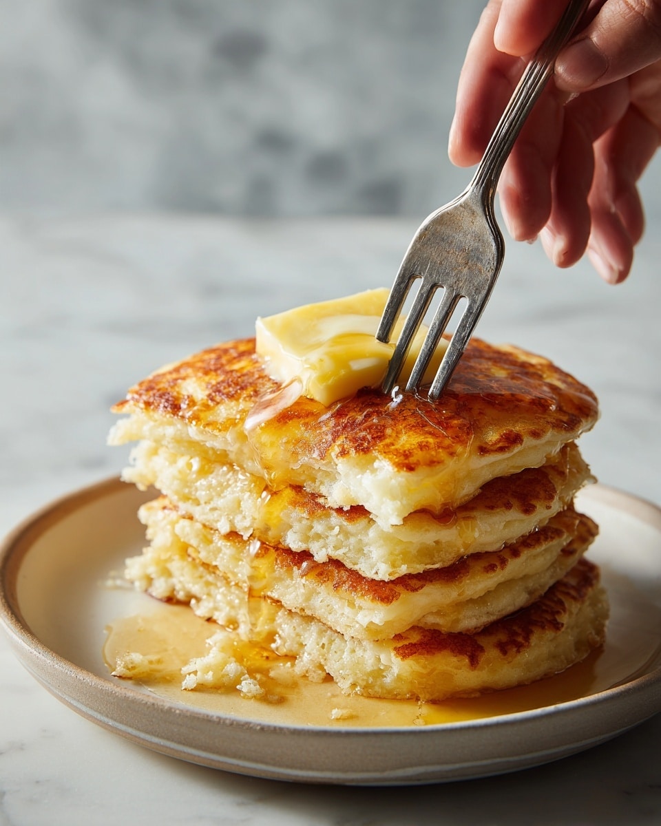 A close-up view shows a stack of four golden-brown pancakes with a slightly crispy texture on the edges, each layer thick and fluffy. At the top of the stack, there is a melting square of pale yellow butter starting to drip over the pancakes. The stack is lifted by a fork held by a woman's hand, set against a white marbled textured surface. photo taken with an iphone --ar 4:5 --v 7
