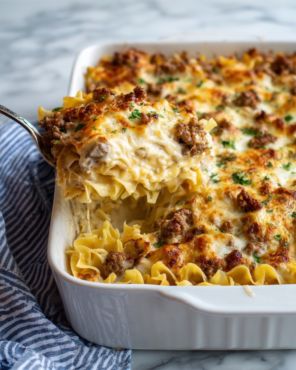 A white baking dish filled with a baked pasta casserole that has multiple layers visible. The bottom layer appears to be soft, flat pasta sheets in a creamy, pale yellow sauce. Above that is a thick layer of browned ground beef mixed with tomato sauce, showing bits of red tomato and some green herbs sprinkled on top. The topmost layer is melted cheese with a golden brown color, slightly bubbly and stretching as a spoon lifts a portion out. The pasta edges are curled and slightly browned, and fresh green herbs garnish the dish, all set on a white marbled surface with a striped gray and white cloth nearby. Photo taken with an iphone --ar 4:5 --v 7