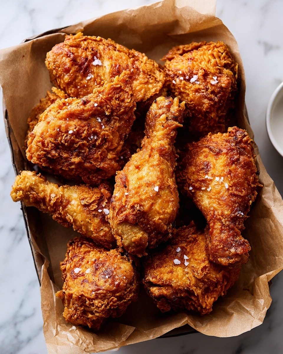 A close-up of five pieces of fried chicken placed on parchment paper inside a white metal tray with slight pattern. The chicken pieces have a crispy, golden brown crust with some rough crunchy texture and flaky bits. Large flakes of salt are sprinkled over the chicken, creating a slight sparkle. The background is a white marbled surface with a small part of a white bowl visible on the right side. The lighting highlights the crunchy texture and warm color of the fried chicken. photo taken with an iphone --ar 4:5 --v 7