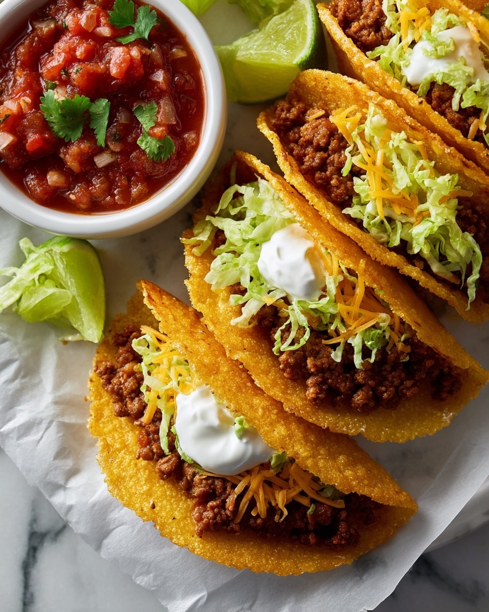 A close-up image shows small tacos with golden-brown crispy shells filled with dark brown seasoned ground meat; one taco has a layer of shredded light yellow cheese and a dollop of white sour cream on top, while another taco has shredded pale green lettuce with sour cream. There are two lime halves with a fresh green color on the side, and a small white bowl filled with chunky red salsa garnished with fresh green cilantro leaves. The tacos and bowl rest on white parchment paper over a white marbled surface. Photo taken with an iphone --ar 4:5 --v 7