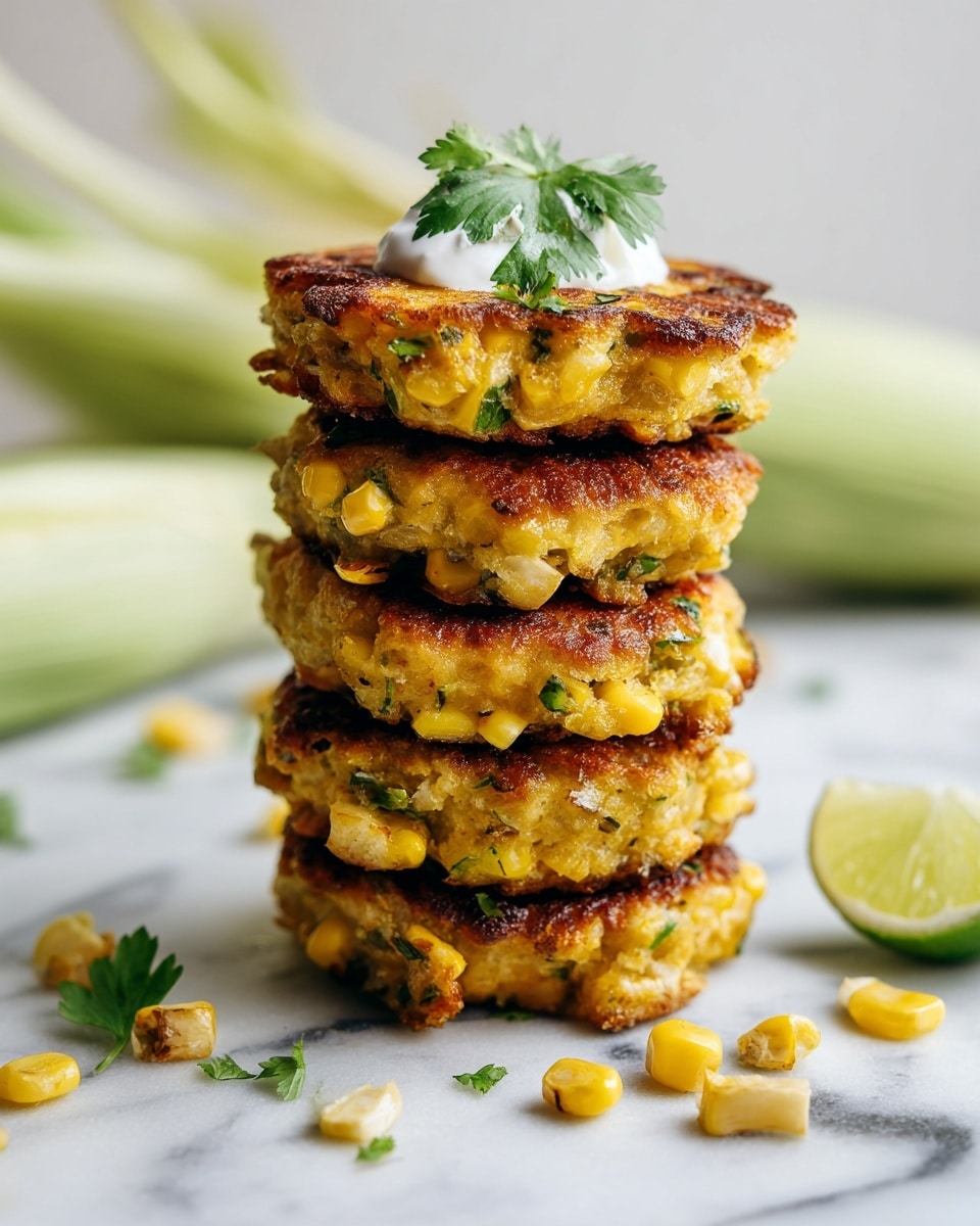 A stack of five golden brown corn fritters sits in the middle of the image, each fritter thick with visible pieces of corn and bits of green herbs mixed in. The top fritter is adorned with a dollop of white sour cream and garnished with bright green parsley leaves. The fritters have a crispy, slightly textured surface with a warm yellow color and green flecks throughout. To the foreground right, there are small pieces of fresh corn kernels and a lime wedge with a light green rind and juicy pale green flesh. In the blurry background, fresh corn with husks and more fritters are visible on a white marbled surface. photo taken with an iphone --ar 4:5 --v 7