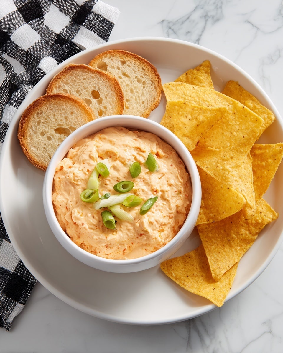 A white bowl filled with a creamy, light orange dip that has a slightly chunky texture, topped with small slices of green onions scattered on top. The bowl is placed inside a larger white plate that holds two types of snacks: on the left, round toasted bread slices with a golden-brown color and slightly crisp edges; on the right, triangular yellow corn tortilla chips. The whole setup rests on a white marbled surface with a black and white checkered cloth partially visible on the upper left side. Photo taken with an iphone --ar 4:5 --v 7