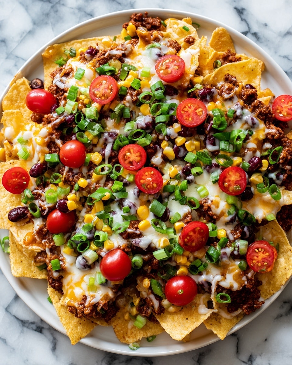A close-up top view of white plate filled with a layered dish of nachos starting with round, light yellow tortilla chips at the base, second layer is browned ground meat mixed with black beans and red beans scattered throughout, next layers include bright yellow corn, white chopped onions, and sliced black olives spread evenly, topped with melted white cheese, chopped green onions, and several bright red halved cherry tomatoes adding color contrast. The plate is placed on a white marbled textured surface. photo taken with an iphone --ar 4:5 --v 7