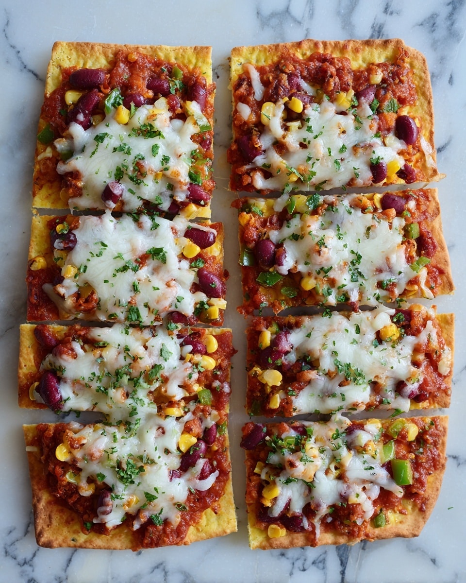 The image shows two long flatbread pizzas cut into four square pieces each, placed on a white marbled surface. Each flatbread has a golden-yellow crust as the base layer, topped with a chunky red tomato sauce mixed with diced green peppers, onions, kidney beans, and small pieces of vegetables creating a colorful and textured middle layer. The top layer is melted white cheese spread unevenly over the vegetables. Small bits of green herbs are sprinkled on top, adding a fresh touch. Photo taken with an iphone --ar 4:5 --v 7