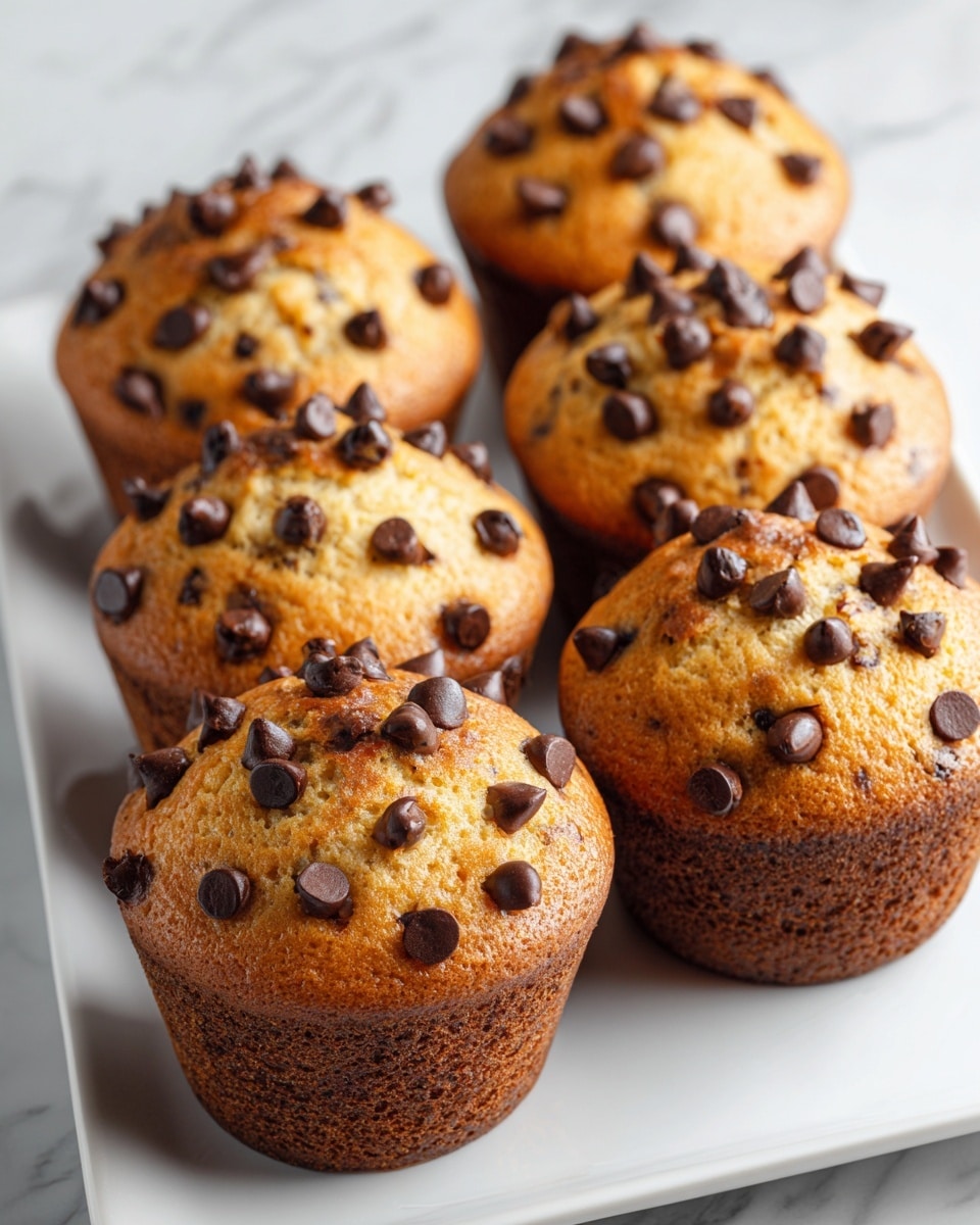 A close-up view of six chocolate chip muffins arranged closely on a white rectangular plate sitting on a white marbled surface, each muffin has a golden-brown top with a slightly rough texture and is generously studded with smooth, dark chocolate chips on the surface, the sides are darker brown with a spongy, porous texture, and the muffins look moist and freshly baked, filling the frame with warm, inviting colors. photo taken with an iphone --ar 4:5 --v 7